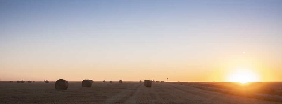 corn fields with straw bales in the north of france during sunset