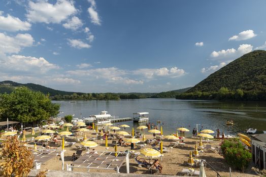 piediluco.italy august 10 2020:piediluco lake and its balne beach
