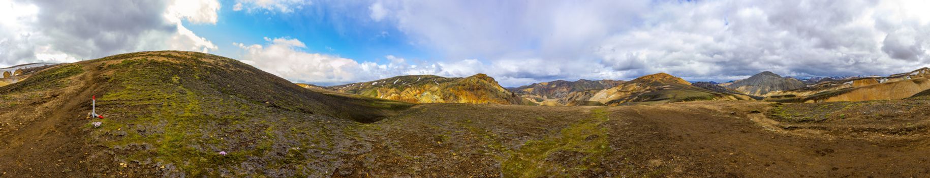 Icelandic volcanic mountain landscape in panorama. Hiking trail laugavegur in Fjallabak. Travel and tourism