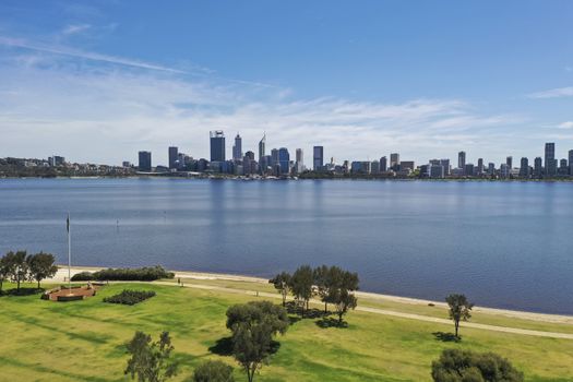 Aerial view across the water of the city of Perth in Western Australia in Australia