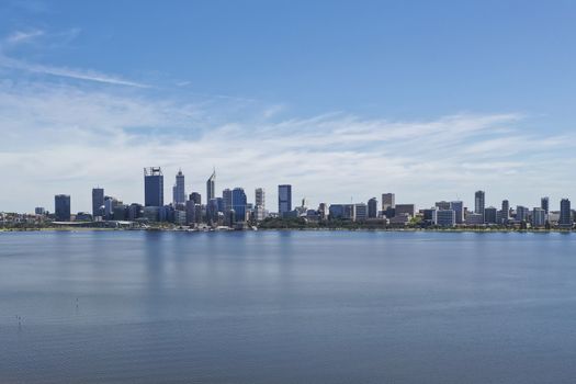 Aerial view across the water of the city of Perth in Western Australia in Australia