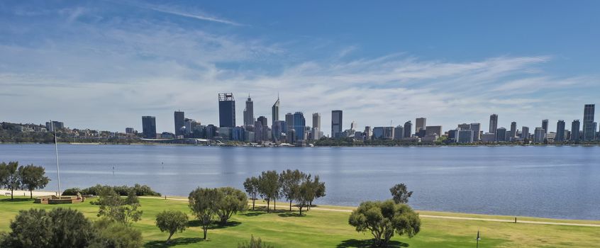 Aerial view across the water of the city of Perth in Western Australia in Australia