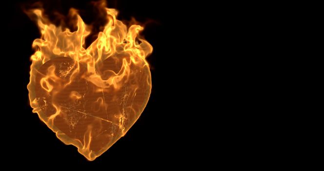 Flaming heart on the black background. 3d rendering