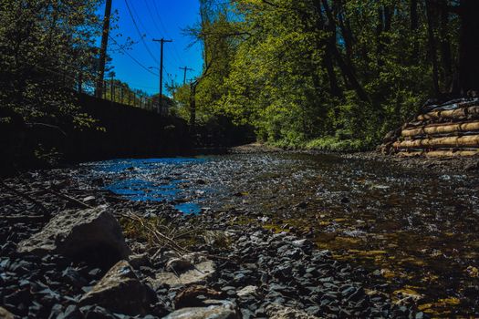 A Low-Angle Shot of a Creek With Rocks In It on a Bright Summer Day