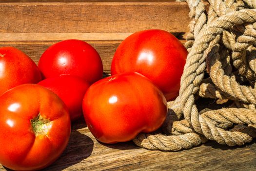 Close up of fresh ripe tomatoes isolated in a rustic composition,