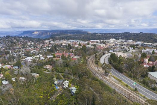 Aerial view of the town of Katoomba in The Blue Mountains in Australia