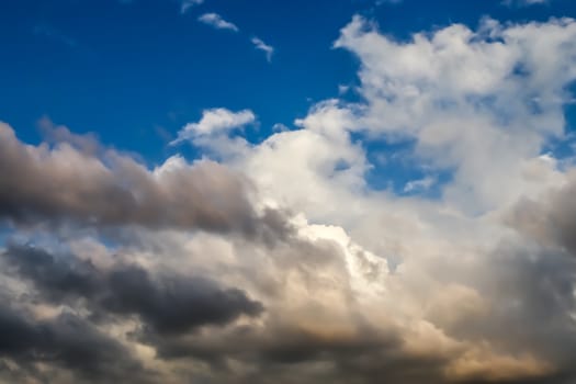 Beautiful panorama of orange and yellow clouds at sunrise and sunset in a blue sky