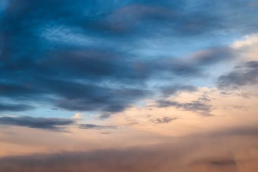 Beautiful panorama of orange and yellow clouds at sunrise and sunset in a blue sky