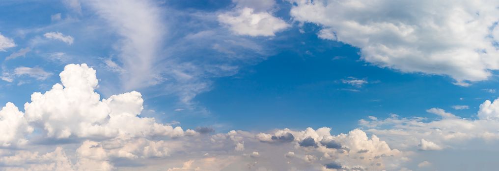 Panoramic white fluffy clouds in the blue sky, Fantastic soft white clouds against blue sky