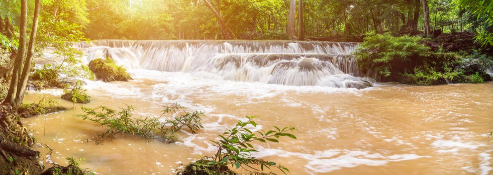 Panorama Waterfall in a forest on the mountain in tropical forest at National park Saraburi province, Thailand