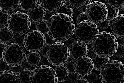 Shiny black balls and holes penetrating from each side floating in the dark. The pattern of many black spheres. The concepts of abstract background. 3D illustration rendering.