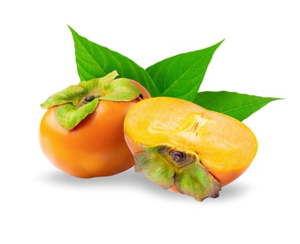 fresh persimmons and persimmon slice with leaf isolated on white background.