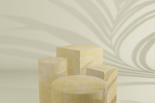 3d rendered light yellow studio podium on the floor, for product presentation, mock up background.