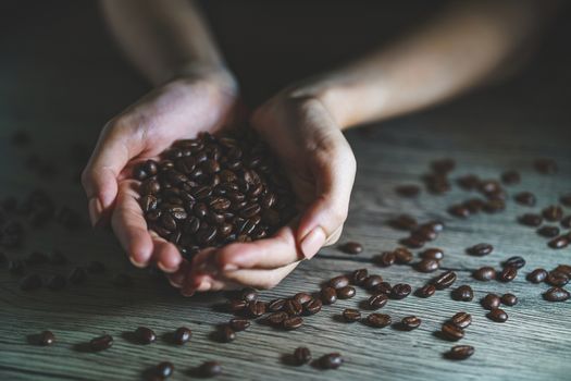 Woman's hands holding roasted coffee beans, closeup