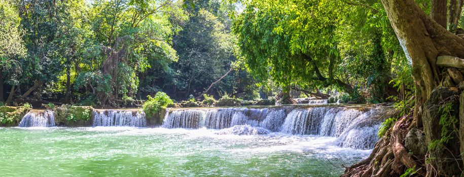 Panorama Waterfall in a forest on the mountain in tropical forest at Waterfall Chet Sao Noi in National park Saraburi province, Thailand