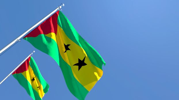 3D rendering of the national flag of Sao Tome And Principe waving in the wind against a blue sky