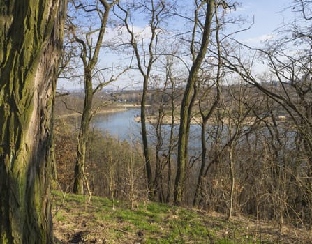 view on artificial lake dam in Prague park (hostivarska prehrada) early spring sunny day, tree and blue sky background