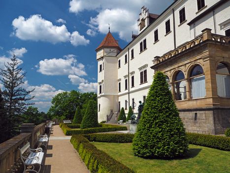 Czech republic, Konopiste, May 16, 2017: Castle chateau Konopiste with garden in spring sunny day