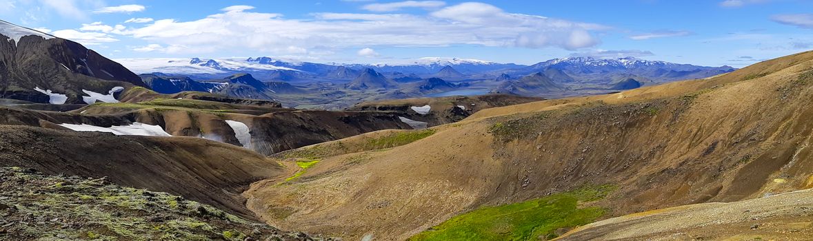 Panorama Icelandic landscape at Fjallabak, on the Laugevegur hiking trail. Travel and tourism in Iceland