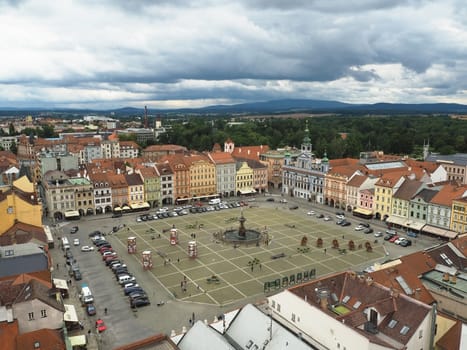 CZECH REPUBLIC, CESKE BUDEJOVICE, JULY 15, 2016: View on the main square in city center from black tower town hall wit dramatic clouds