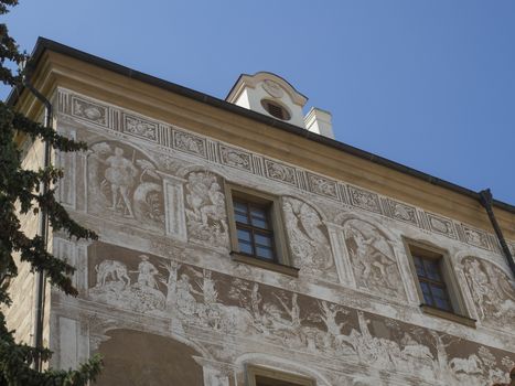 Renaissance style castle with Sgraffito decorated facade, sunny summer day, blue sky background