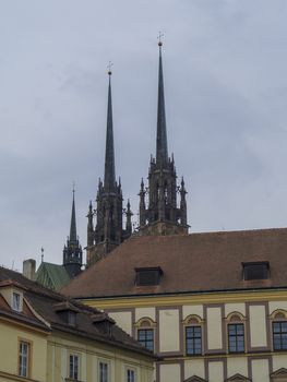 Brno historical city center with towers of gothic cathedral in czech republic