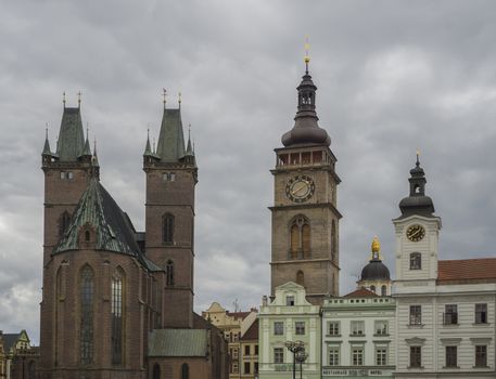 city center Hradec Kralove panorama town hall and gothic cathedral with two towers  with clock in big square Czech republic