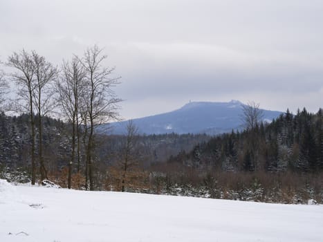 winter forest countryside snow covered landscape, trees and hill with lookout tower in luzicke hory mountain