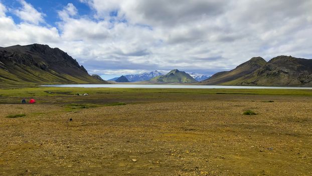 Icelandic landscape at Alftavatn lake on the laugavegur hiking trail. Travel and tourism.