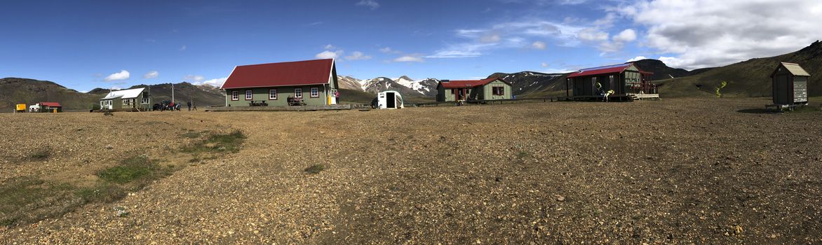 Alftavatn, Iceland, July 2019: view on the alftavatn hut on the lagavegur hiking trail