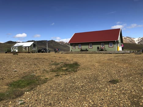 Alftavatn, Iceland, July 2019: view on the alftavatn hut on the lagavegur hiking trail