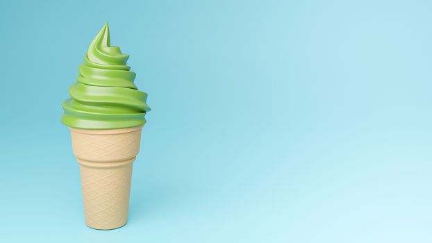 Soft serve ice cream of green tea flavours on crispy cone on blue background.,3d model and illustration.