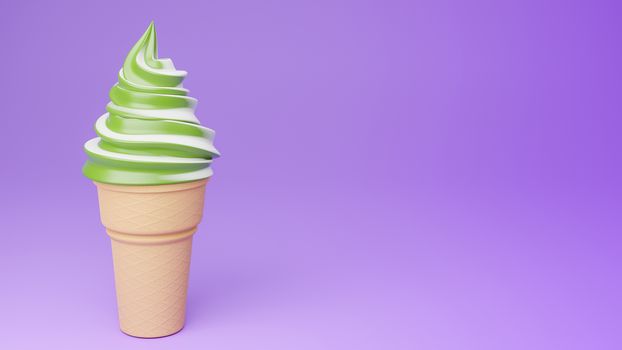 Soft serve ice cream of green tea and milk flavours on crispy cone on purple background.,3d model and illustration.