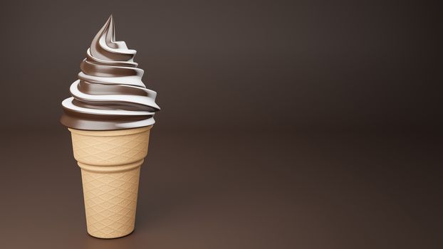 Soft serve ice cream of chocolate and milk flavours on crispy cone on brown background.,3d model and illustration.