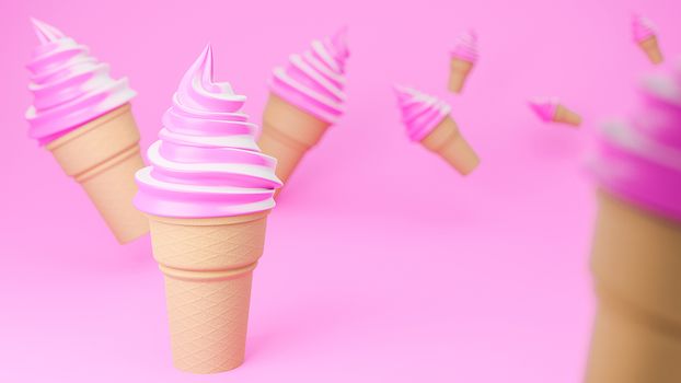 Soft serve ice cream of strawberry and milk flavours on crispy cone on pink background.,3d model and illustration.