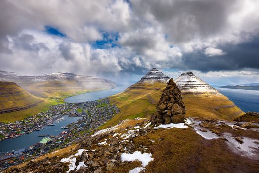 View from the Klakkur mountain over the city of Klaksvik and the Atlantic Ocean in the Faroe Islands, Denmark