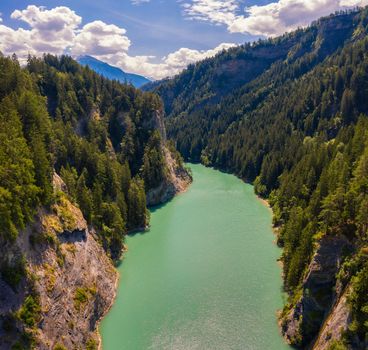 Aerial view of river Hinterrhein in the Swiss Alps, canton of Graubunden, Switzerland