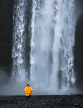Tourist wearing a yellow raincoat walks to the Skogafoss waterfall in Iceland. This waterfall is situated on the Skoga River in the south of Iceland at the cliffs of the former coastline.