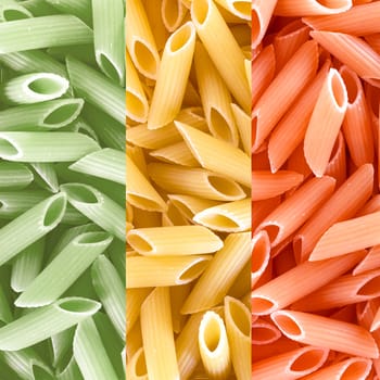 Penne pasta and Italian flag background macro. Three color pasta.