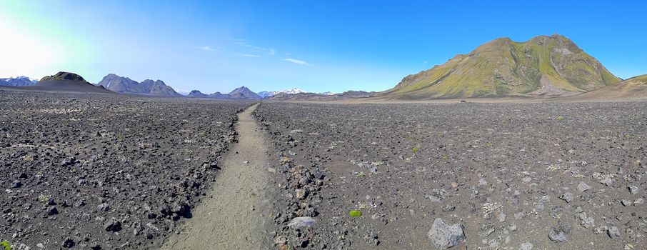 Black volcanic landscape in Katla nature reserve on Laugavegur hiking trail in Iceland. Travel and tourism.