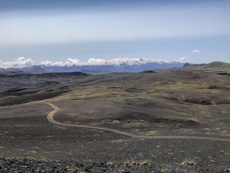 Black volcanic landscape in Katla nature reserve on Laugavegur hiking trail in Iceland. Travel and tourism. In the vincinity of Emstrur.