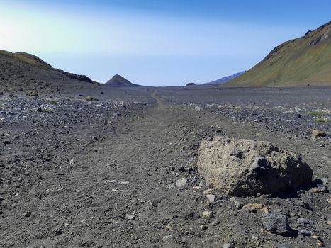 Black volcanic landscape in Katla nature reserve on Laugavegur hiking trail in Iceland. Travel and tourism.