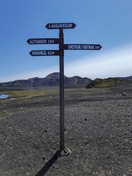 Laugavegur, Iceland, July 2019: hiking directional sign on the Laugavegur hiking trail, signalling, Laugavegur, Botnar, Emstrur Hvanngil and Alftavatn