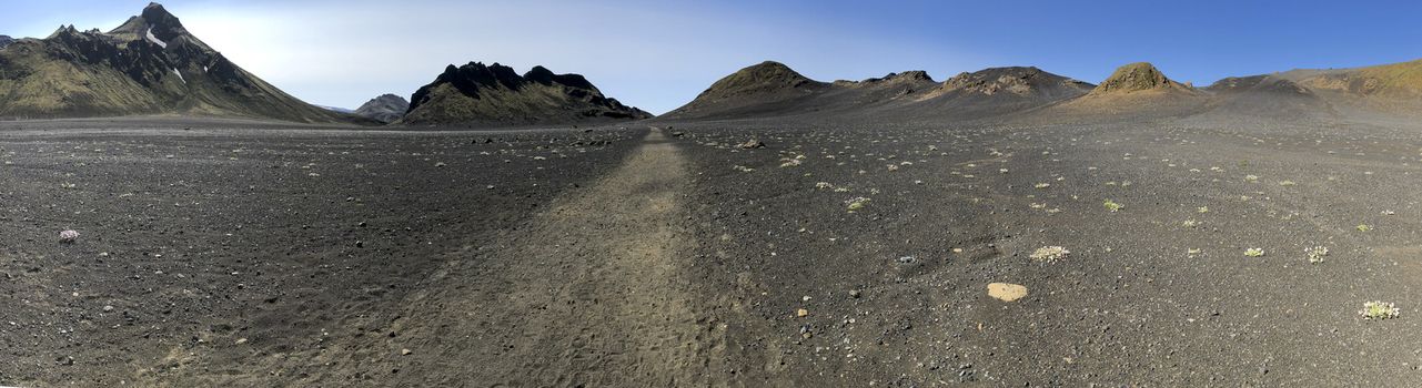 Black volcanic landscape in Katla nature reserve on Laugavegur hiking trail in Iceland. Travel and tourism. Low angle view.