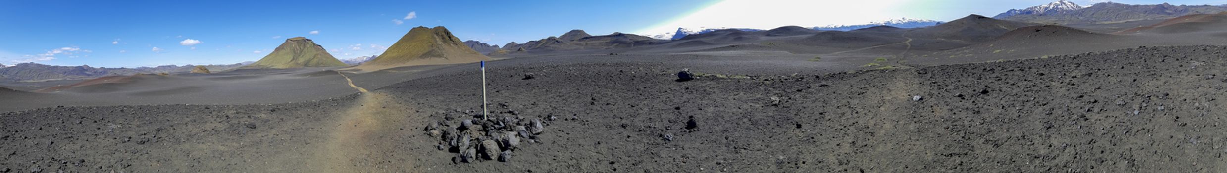 Black volcanic landscape in Katla nature reserve on Laugavegur hiking trail in Iceland. Travel and tourism.