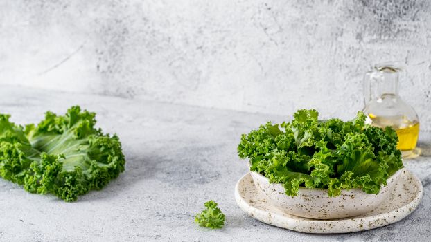 Green kale leaves in white craft bowl on gray cement background. Healthy eating, vegetarian food, dieting concept. Copy space for text or design. Health kale benefits. Banner