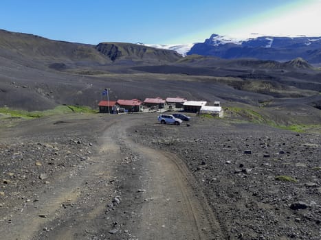Emstrur, Iceland, July 2020: view on emstrur botnar hut on the laugavegur hiking trail. travel and tourism.