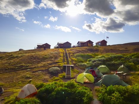 Emstrur, Iceland, July 2020: view on emstrur botnar hut and camping ground on the laugavegur hiking trail. travel and tourism.