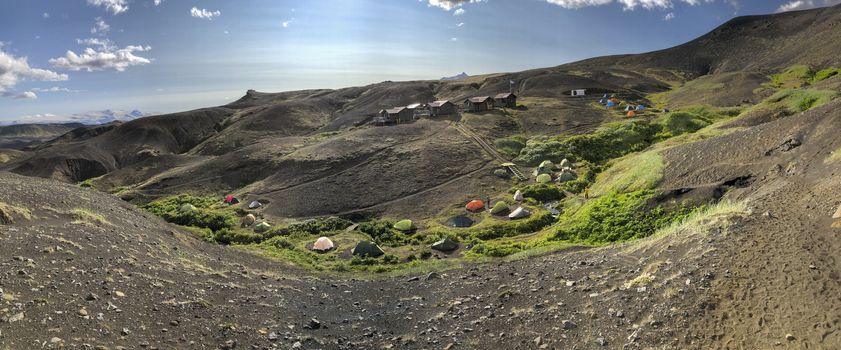 Emstrur, Iceland, July 2020: view on emstrur botnar hut and camping ground on the laugavegur hiking trail. travel and tourism.