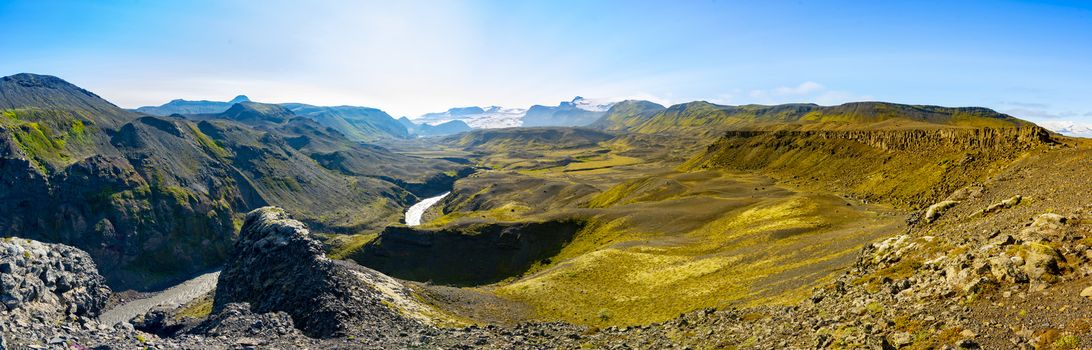 Dramatic Icelandic landscapeon the Laugavegur trail in panorama. Travel and tourism. Markarfljot canyon.